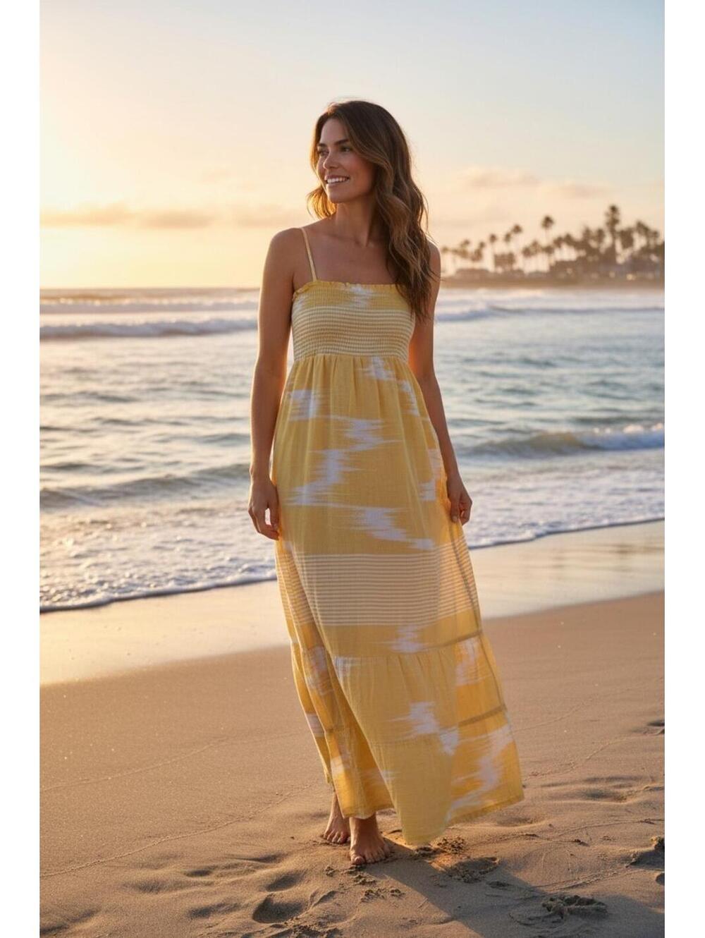 Roxy Yellow and White Tie-Dye Maxi Sundress